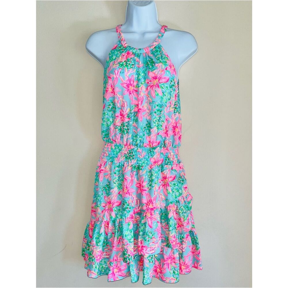 Lilly Pulitzer Pamelyn Ruffle Halter Dress Surf Blue So Shellegant EC Pk/Bl SZ 4
